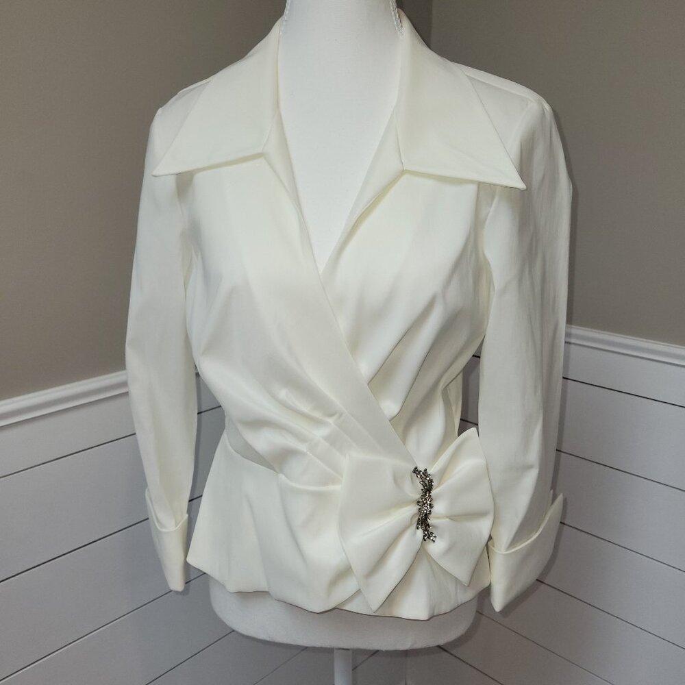 Elegant Ivory Colored Taffeta- Like Blouse with Rhinestone & Bow-Size 8